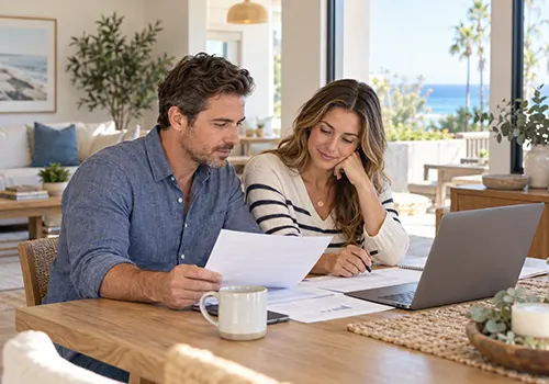 Couple reviewing financial documents together at a dining table with a laptop.