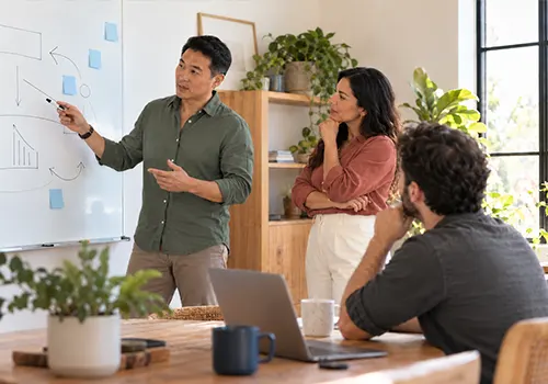 Three professionals discussing a business plan beside a whiteboard with diagrams and sticky notes.